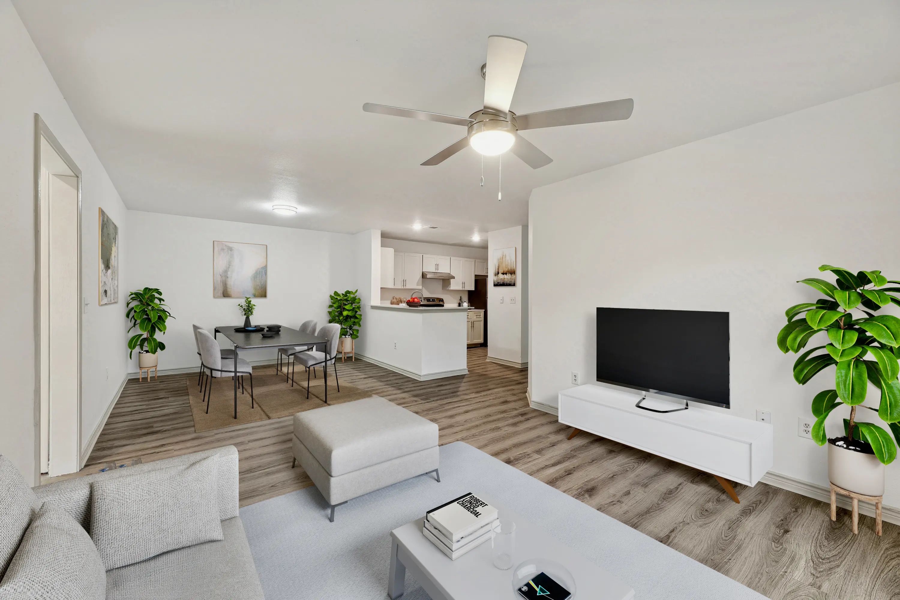 A living room with a grey sofa and a white television.